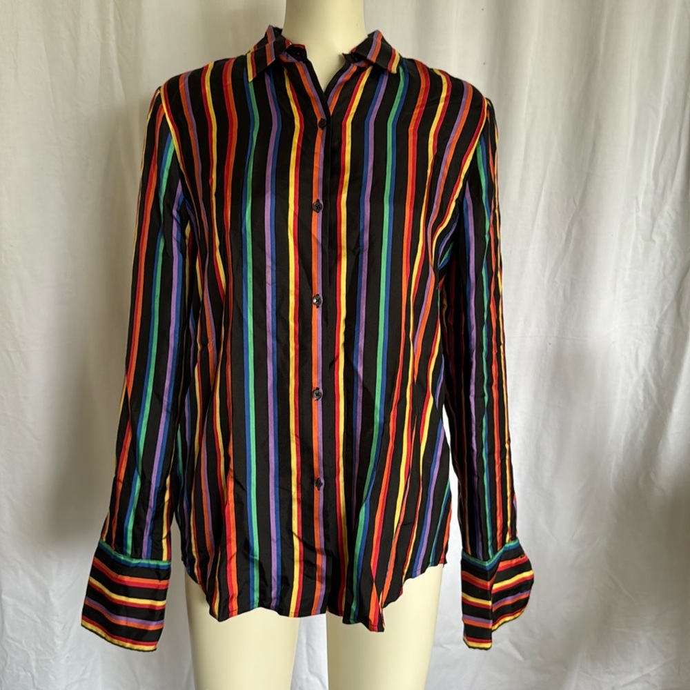 Jones New York Signature Rainbow Stripe Silk Button Up Shirt
